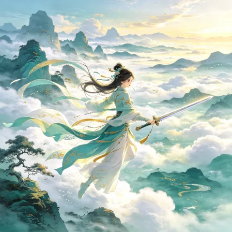 云雾缭绕的水墨山水插画
