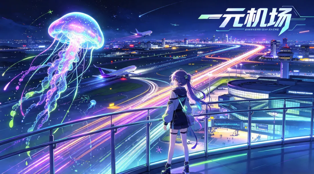 夜晚机场跑道上空的水母与少女的动漫风插画