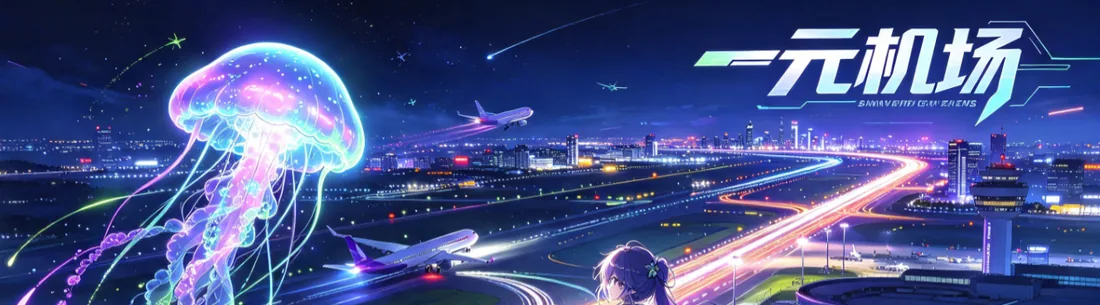 夜晚机场跑道上空的水母与少女的动漫风插画(上半)