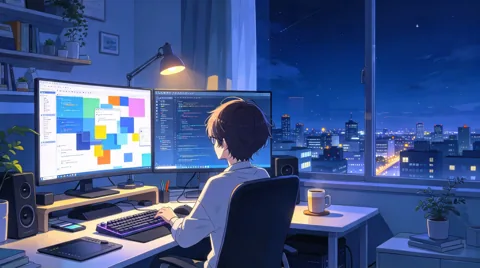 夜晚书桌前面对双屏幕工作的人物动漫风插画