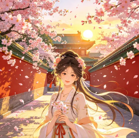 樱花与红墙前的古风人物插画